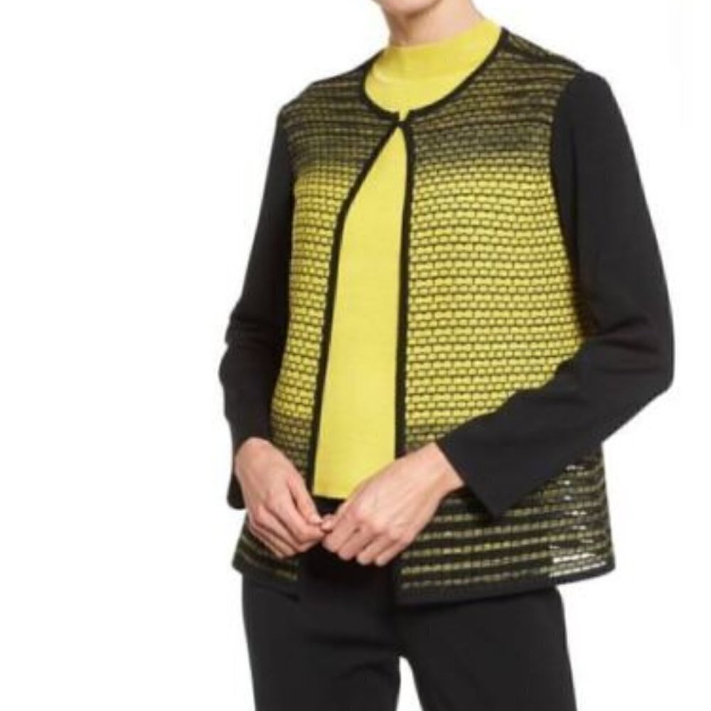 Ming Wang Petite Black & Yellow‎ Printed Knit Cardigan Sweater MP